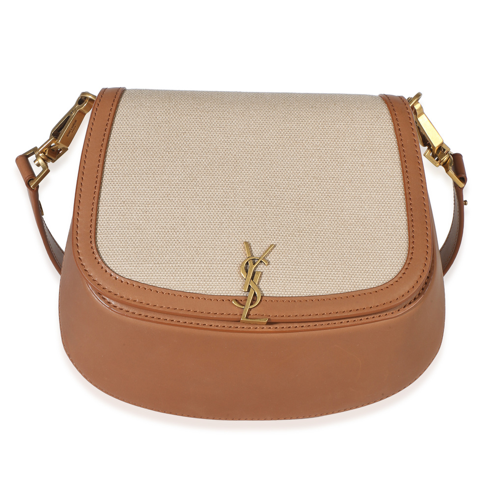 Saint Laurent Natural Tan Canvas Calfskin Mini Voltaire Top Handle Bag